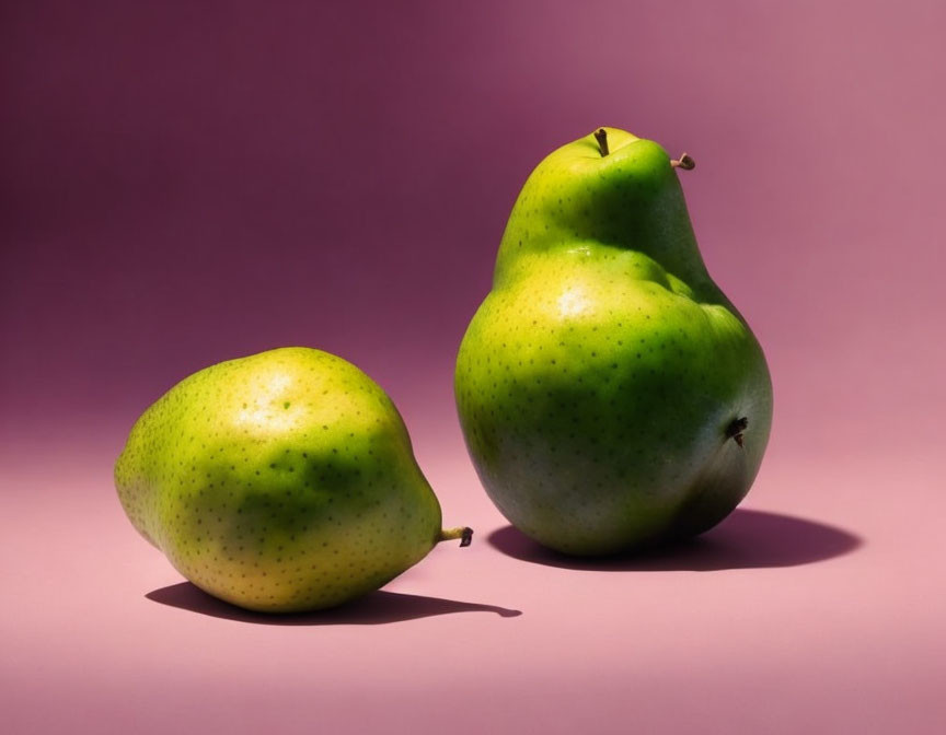 Two Fresh Green Pears with Spots on Soft Pink Background