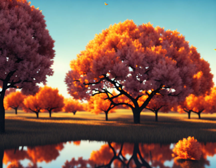 Tranquil Lake Scene: Vibrant Orange Trees, Warm Sunset Glow