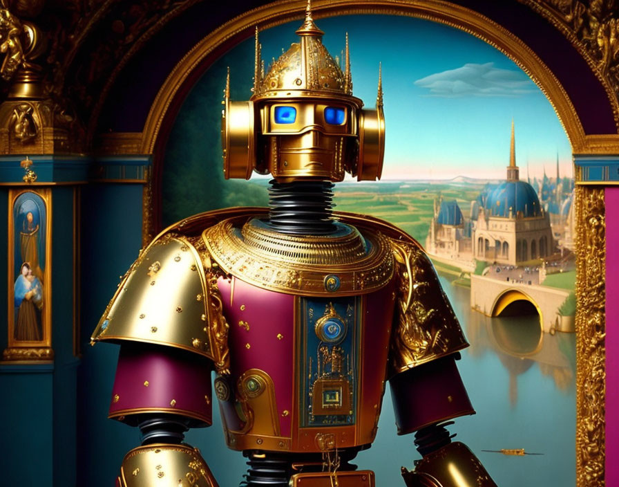 Regal Robot in Golden Armor Amid Fantasy Landscape