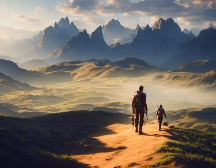 Scenic landscape with two individuals trekking through hilly terrain