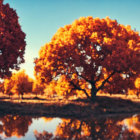 Tranquil Lake Scene: Vibrant Orange Trees, Warm Sunset Glow