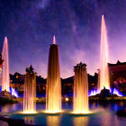 Nighttime cityscape with lit fountains, illuminated buildings, and starry sky