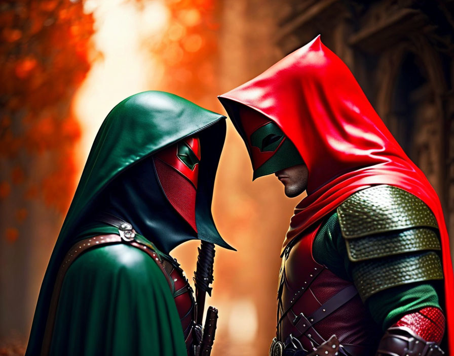 Medieval cloaks and armor clash in vibrant red and green against autumn backdrop