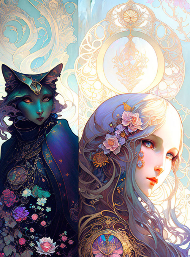 Ethereal artwork of woman and humanoid-faced cat with floral and golden details