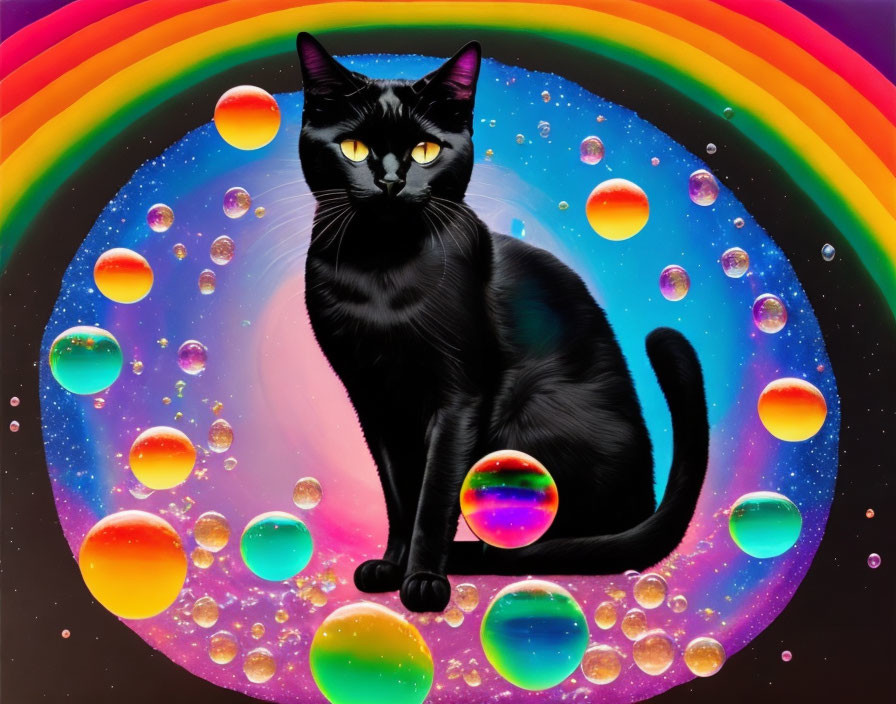 Black cat in front of vibrant rainbow backdrop with colorful bubbles