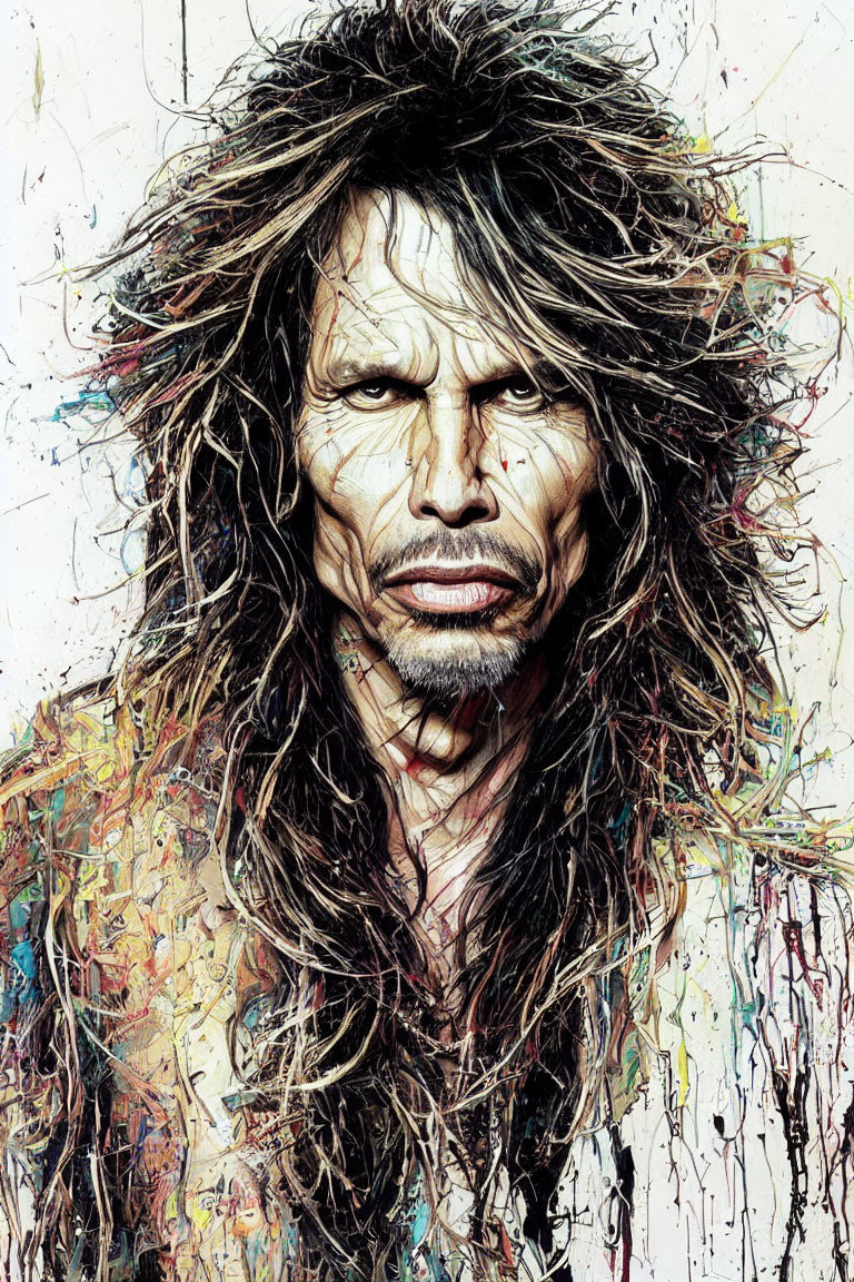 Vibrant portrait of a man with wild hair and intense gaze in abstract style