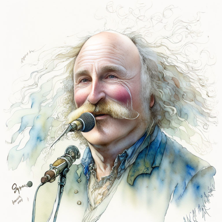 Elderly Man Singing with Mustache and Microphone