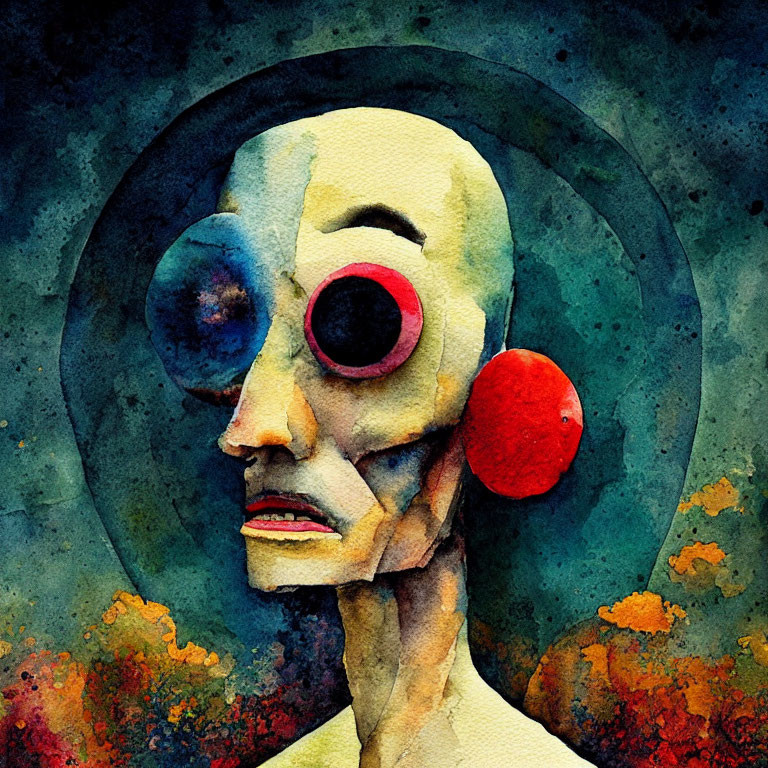 Colorful Abstract Watercolor Painting of Surreal Face with Circular Eyes & Cheeks