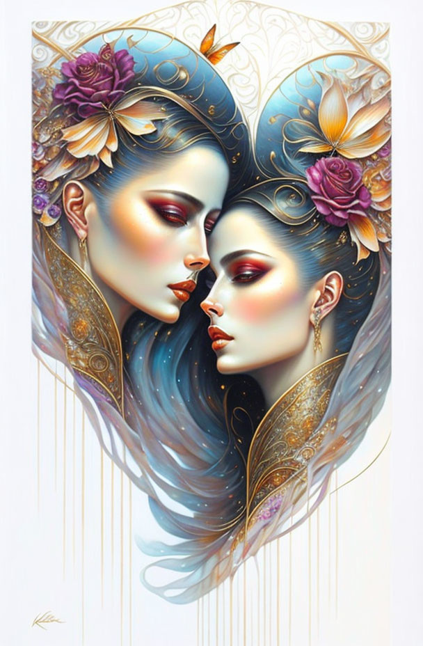 Artistic image: Two women's faces in heart shape with floral patterns.