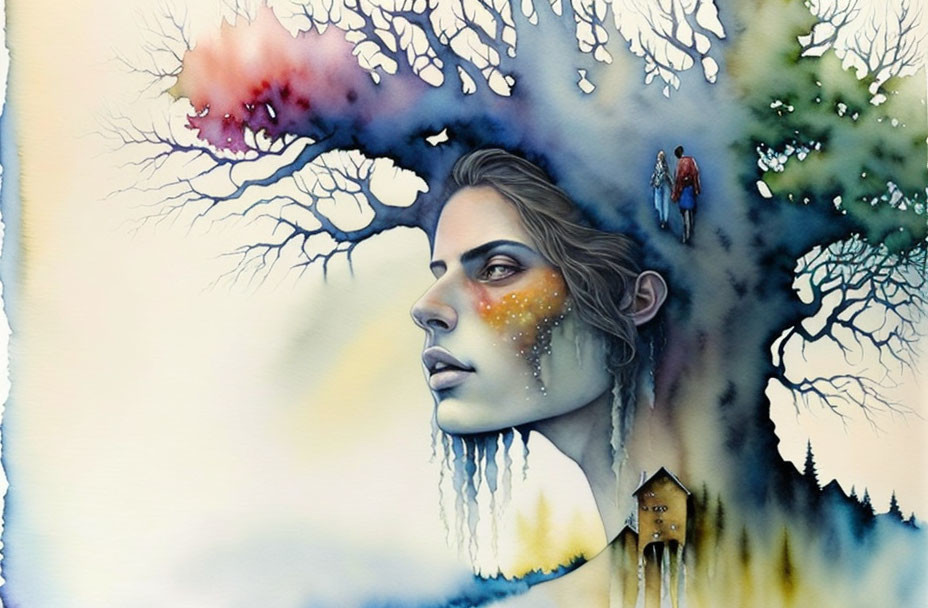 Surreal watercolor illustration of woman's profile with landscape elements