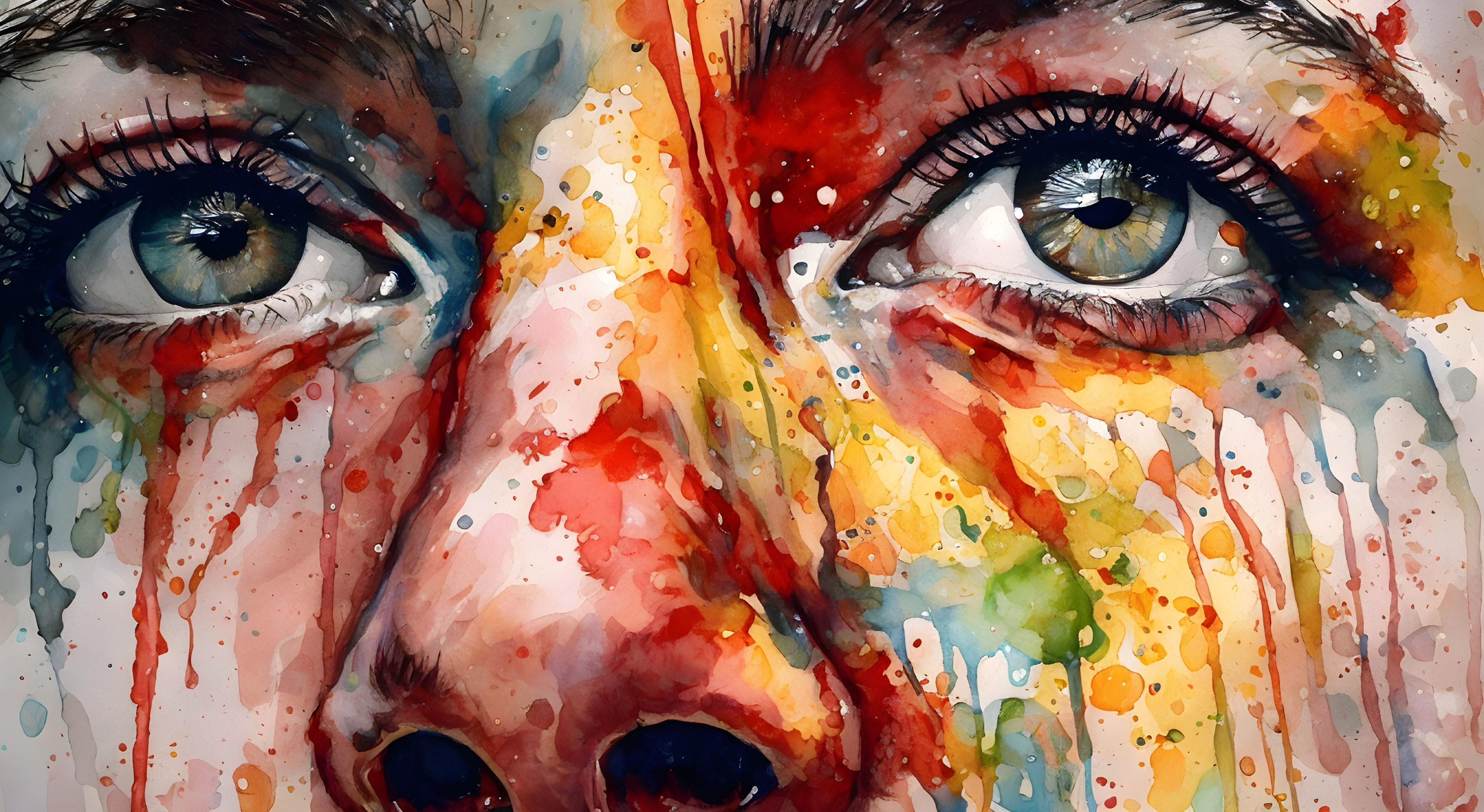 Colorful watercolor painting of eyes with dripping vivid colors.