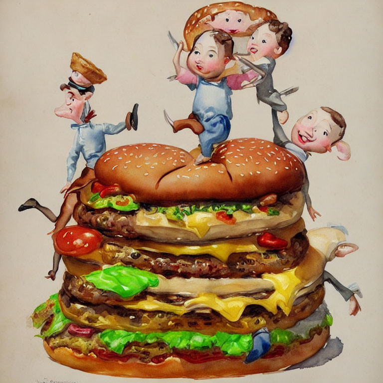 Cartoon pigs in chef outfits on giant hamburger joyfully sliding and jumping