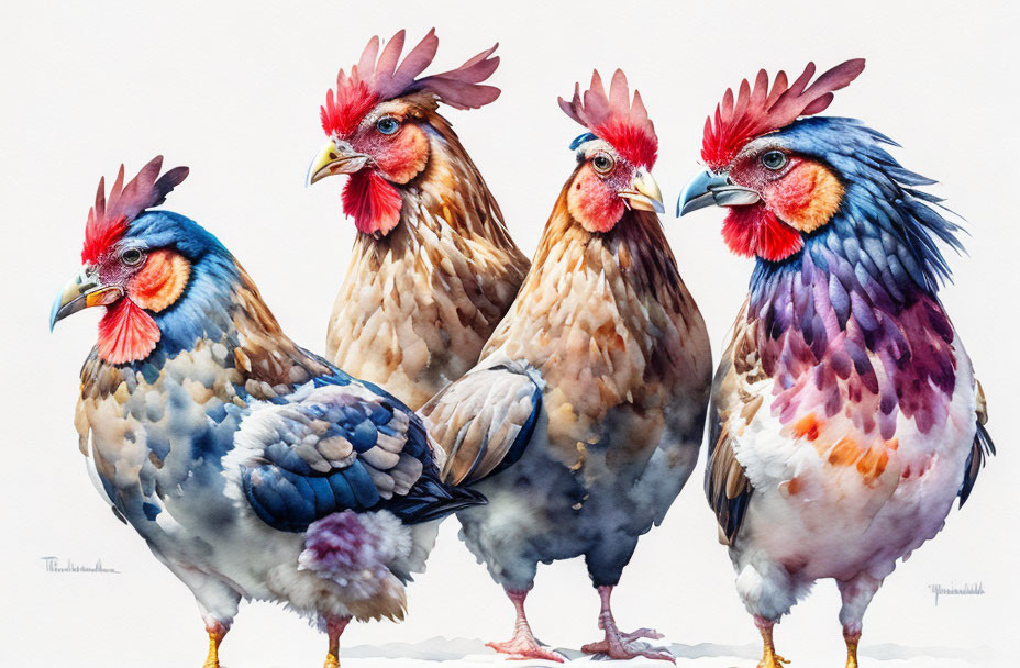 Colorful Stylized Chickens in Blue, Red, and Brown Feathers