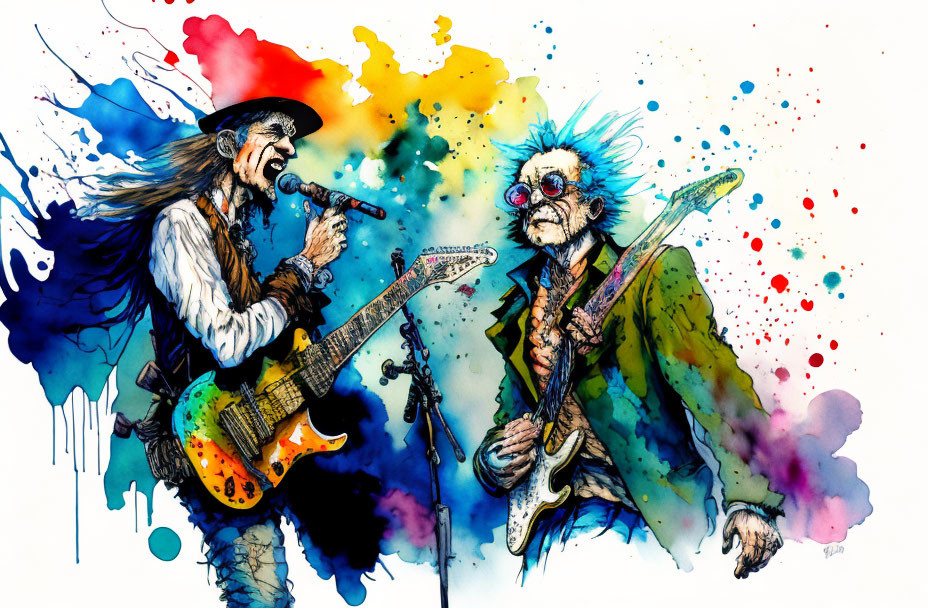 Colorful Watercolor Illustration of Animated Rock Musicians Playing Guitar and Bass