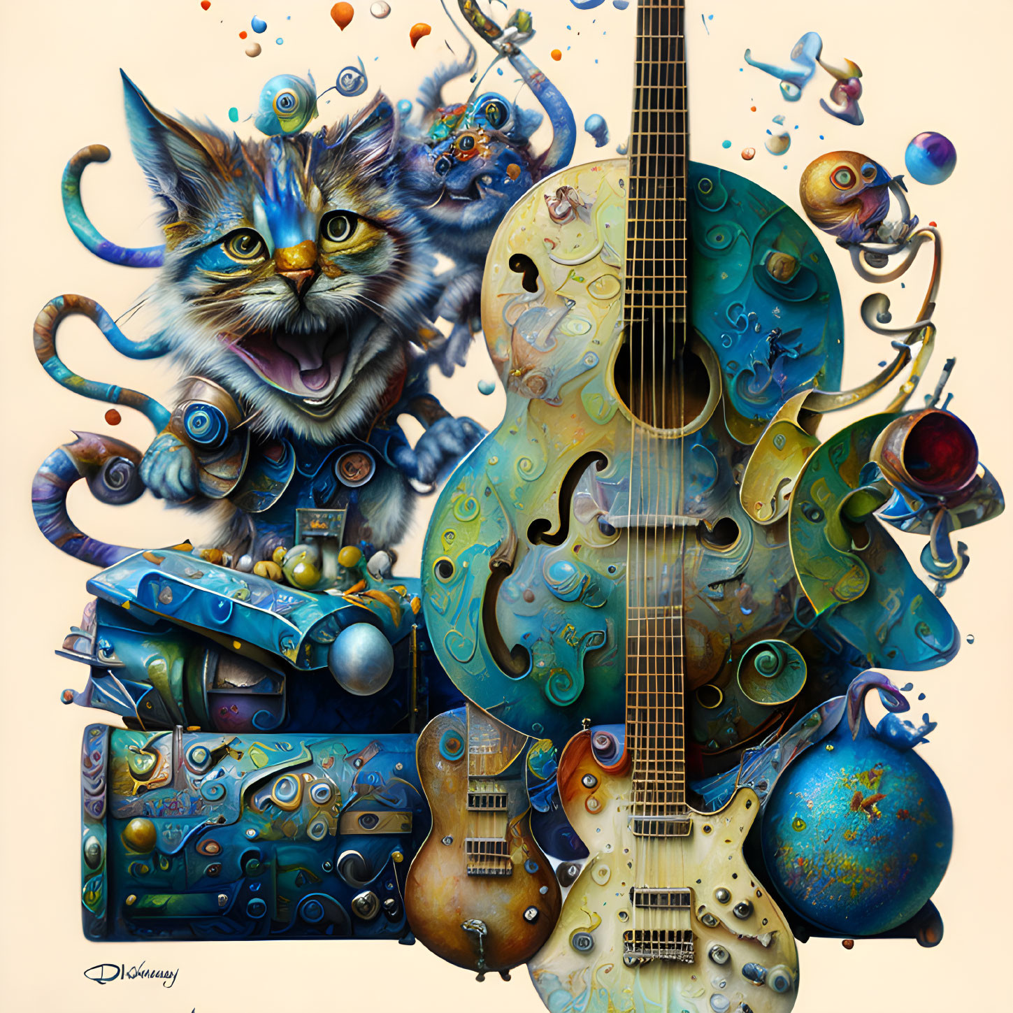 Colorful surreal artwork: Wide-eyed kitten with musical instruments and abstract orbs