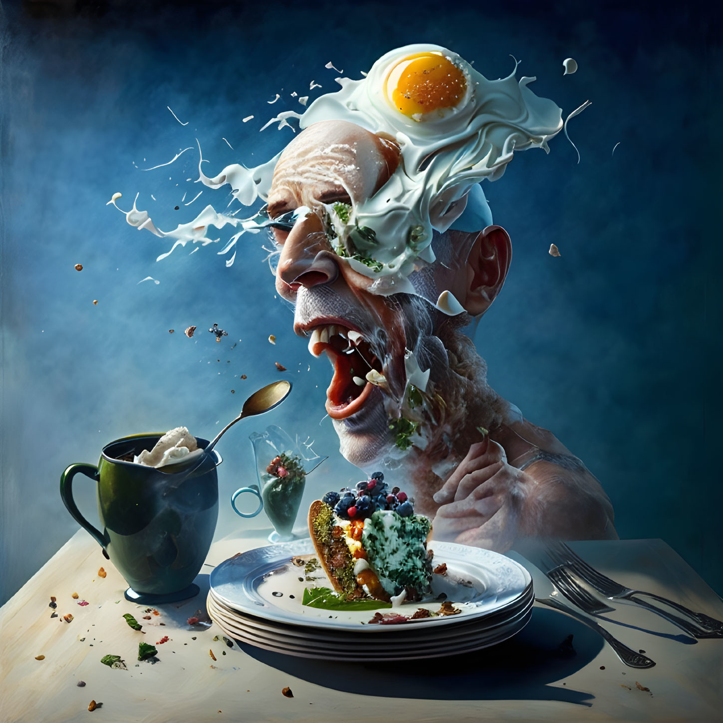 Man's Head Explodes into Breakfast Foods in Surreal Image