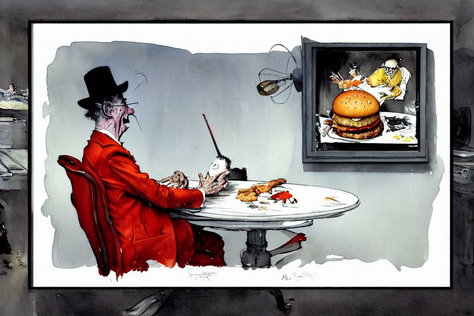 Illustration of thin man with radio at table, fly over meal, beside large burger painting