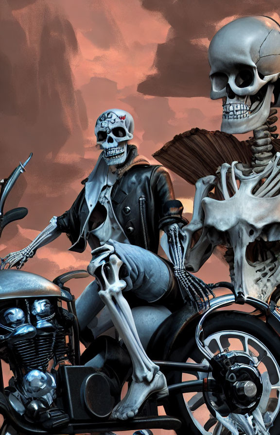 Skeletons in Motorcycle Gear on Chopper Bike in Red Sky