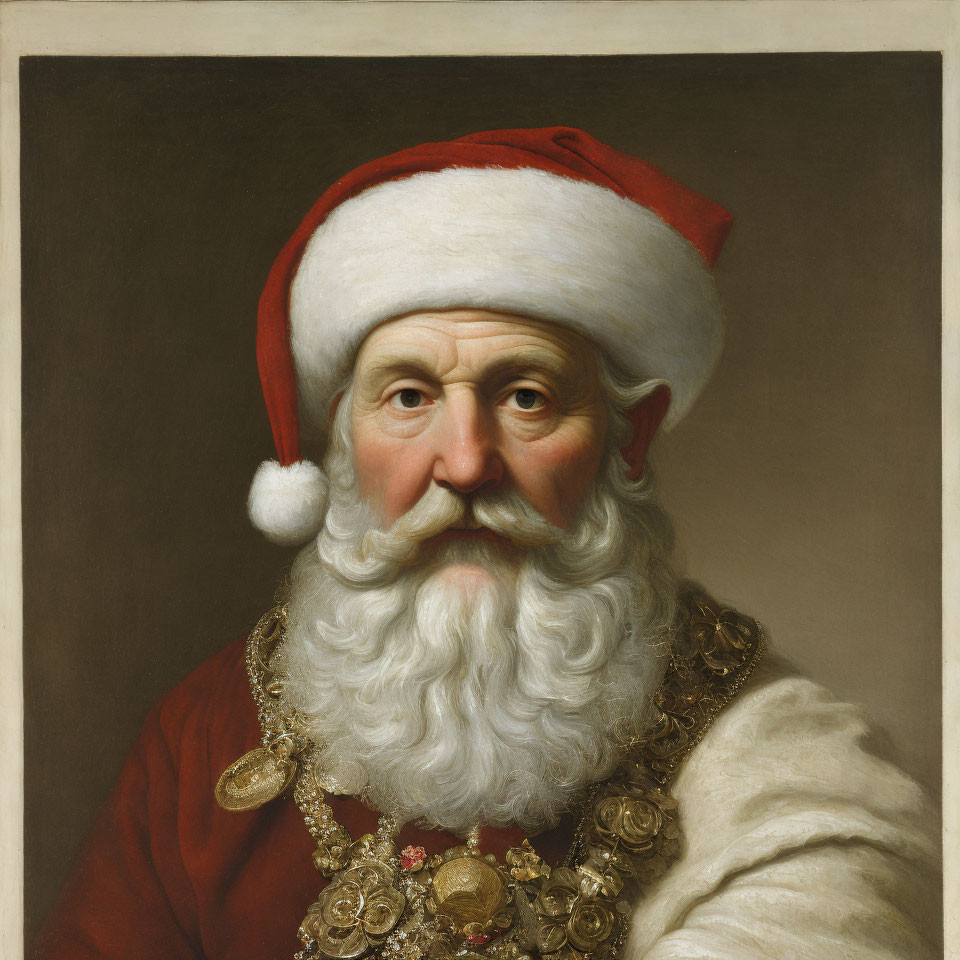 Man with White Beard and Santa Hat in Red Garment with Gold Decorations