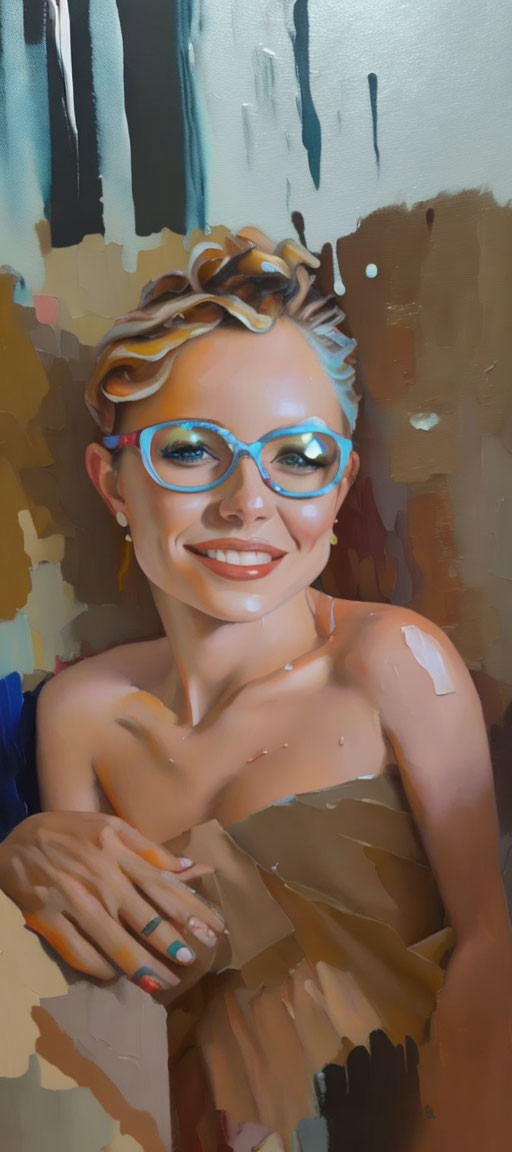 Smiling person with short curly hair in blue glasses and brown dress