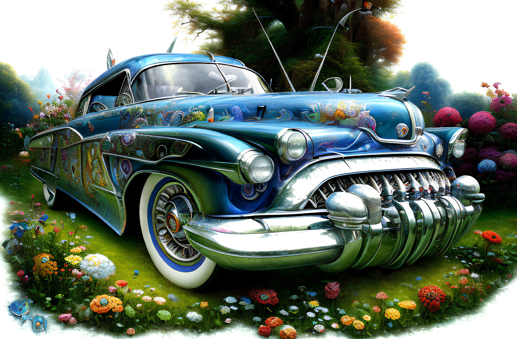 Colorful classic car illustration with exaggerated features and lush floral backdrop