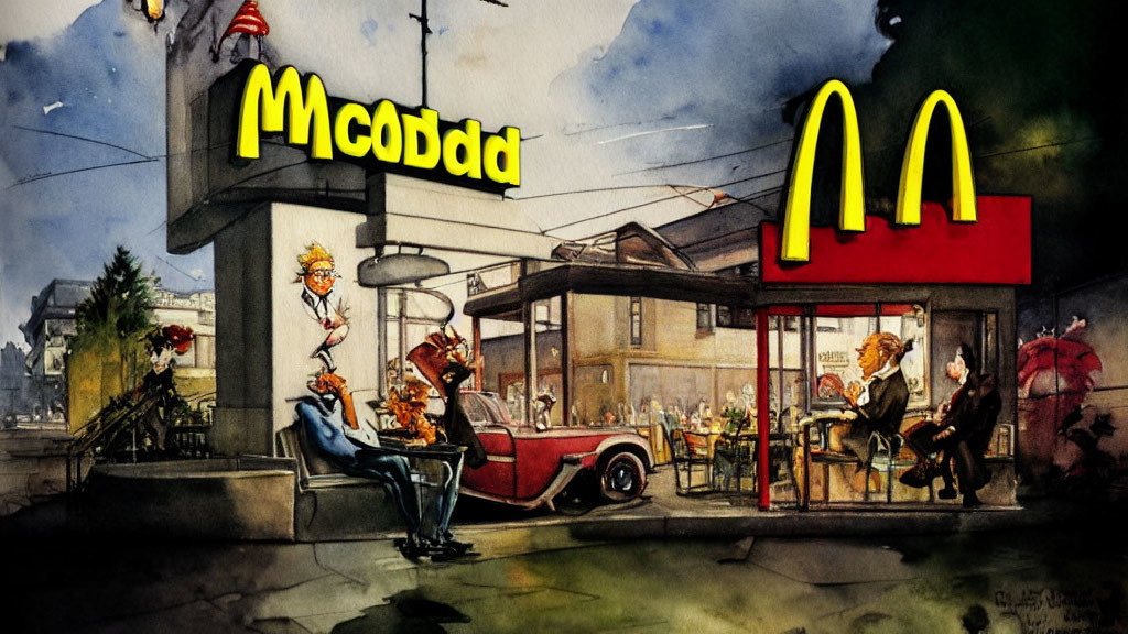 Vibrant illustration of bustling McDonald's restaurant at twilight