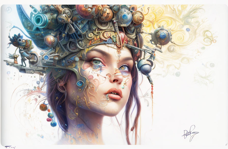 Colorful surreal portrait of woman with ornate mechanical celestial headdress