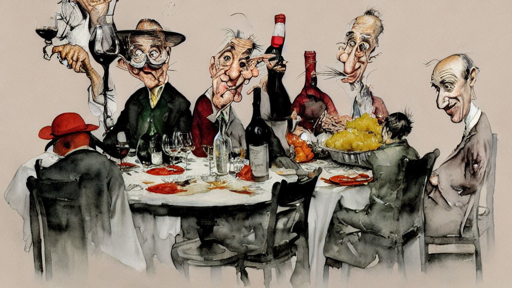 Six People Caricature Enjoying Meal at Round Table