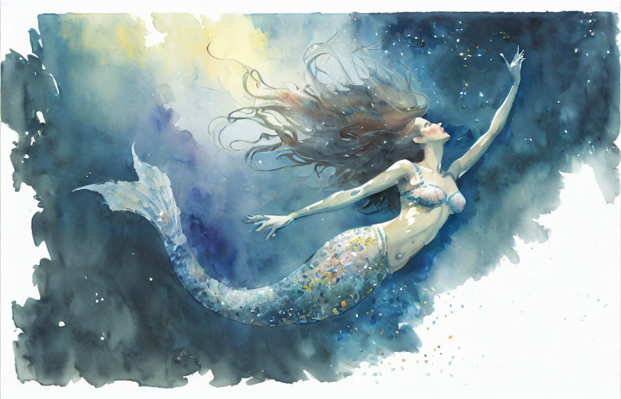 Mermaid watercolor illustration in deep blue and aqua palette