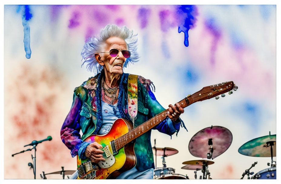 Elderly Musician with White Hair Plays Electric Guitar on Colorful Stage