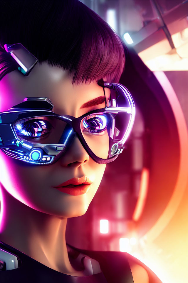 Futuristic digital art portrait of a woman with cybernetic glasses and glowing lighting