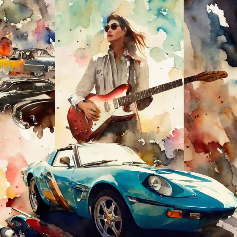 Watercolor-style artwork of woman with sunglasses playing guitar by vintage car