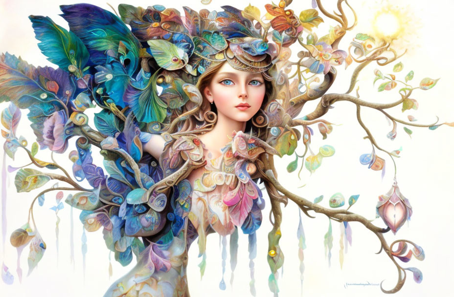 Fantasy illustration of woman with butterfly headdress in vibrant nature scenery