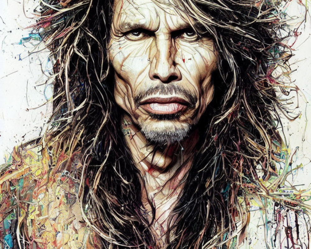 Vibrant portrait of a man with wild hair and intense gaze in abstract style