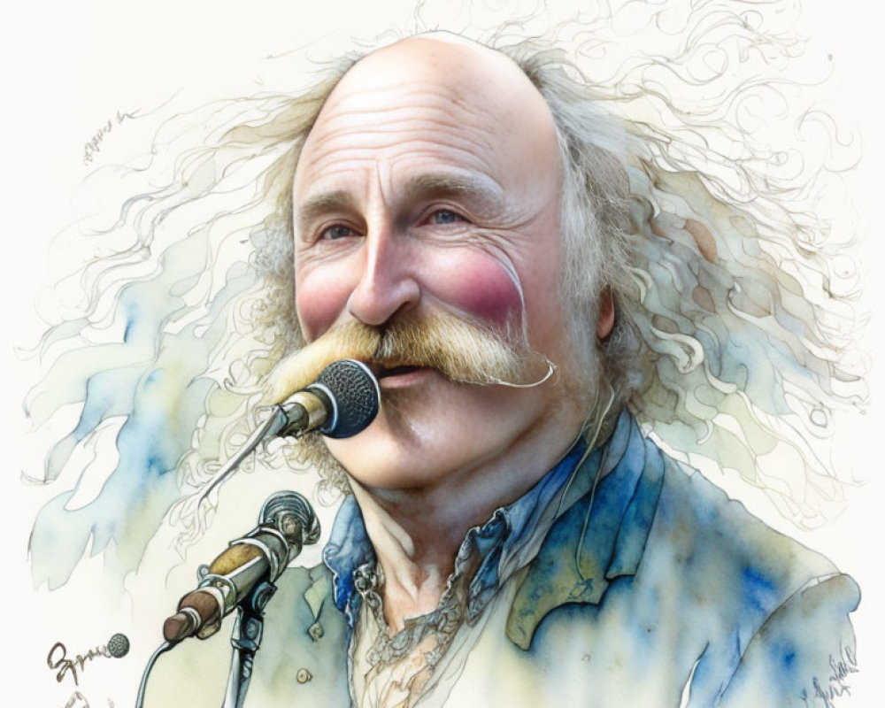 Elderly Man Singing with Mustache and Microphone