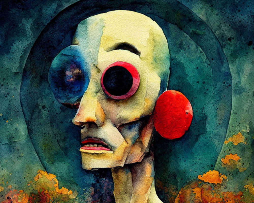 Colorful Abstract Watercolor Painting of Surreal Face with Circular Eyes & Cheeks