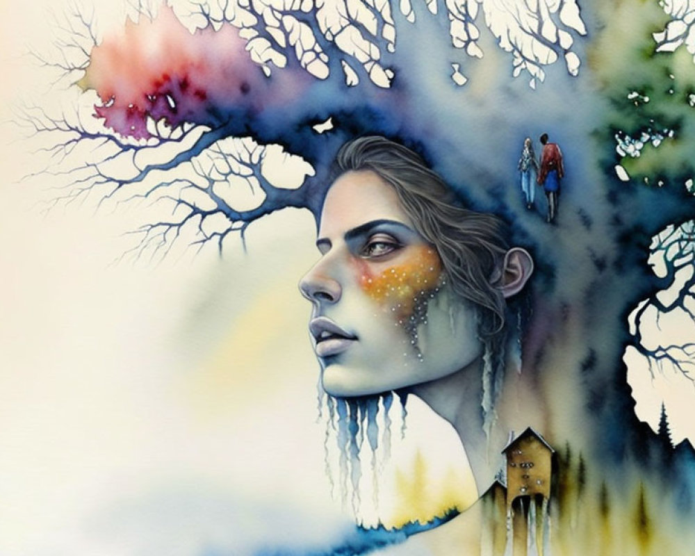 Surreal watercolor illustration of woman's profile with landscape elements