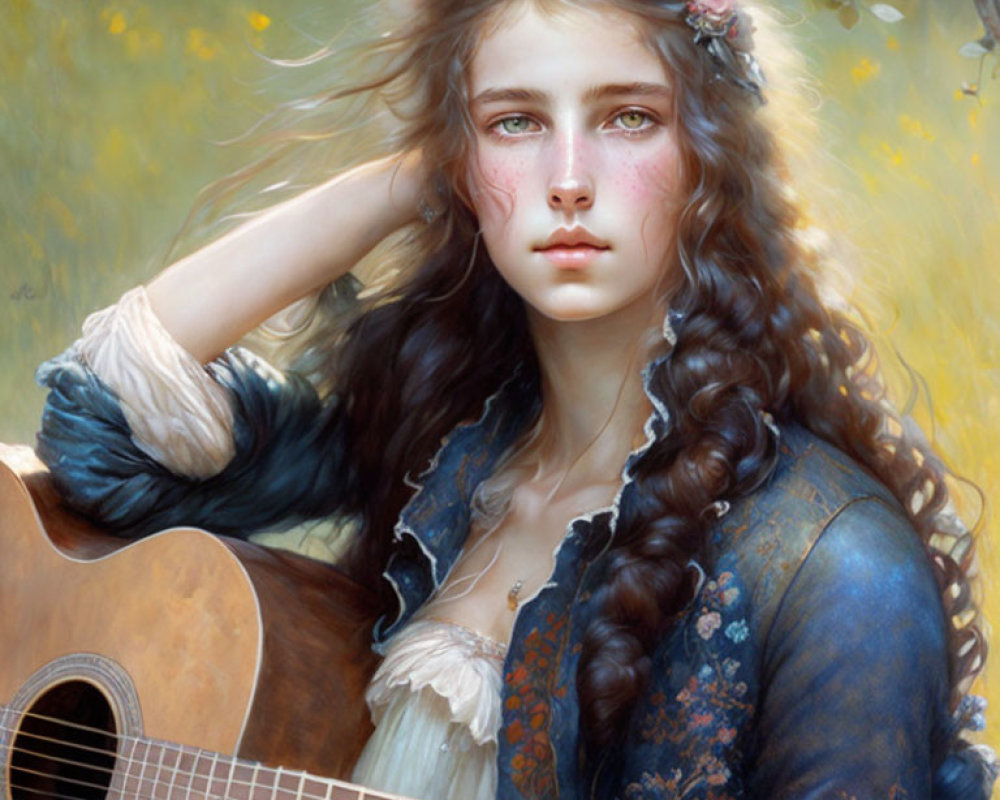 Portrait of young woman with curly hair and guitar in nature setting