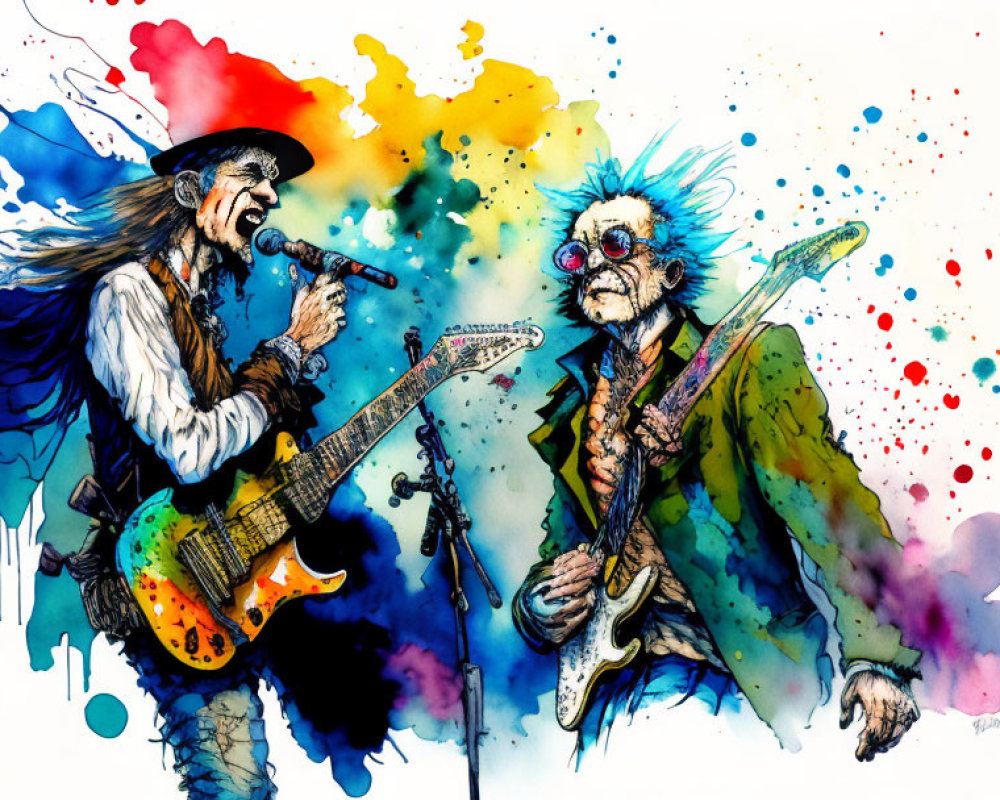 Colorful Watercolor Illustration of Animated Rock Musicians Playing Guitar and Bass