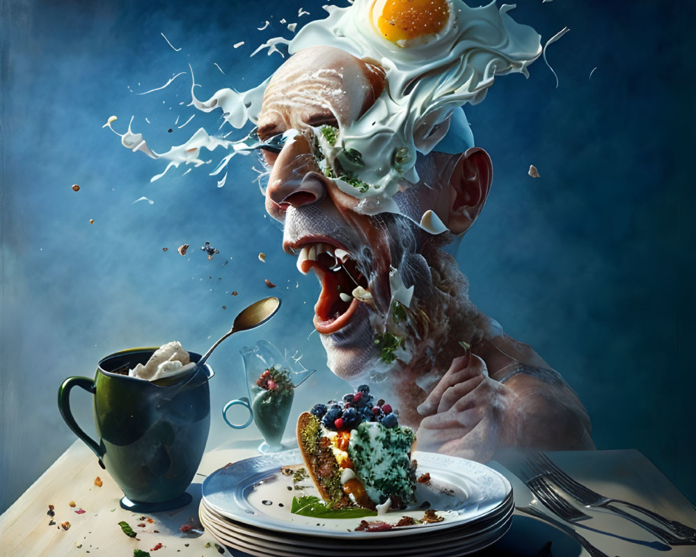 Man's Head Explodes into Breakfast Foods in Surreal Image