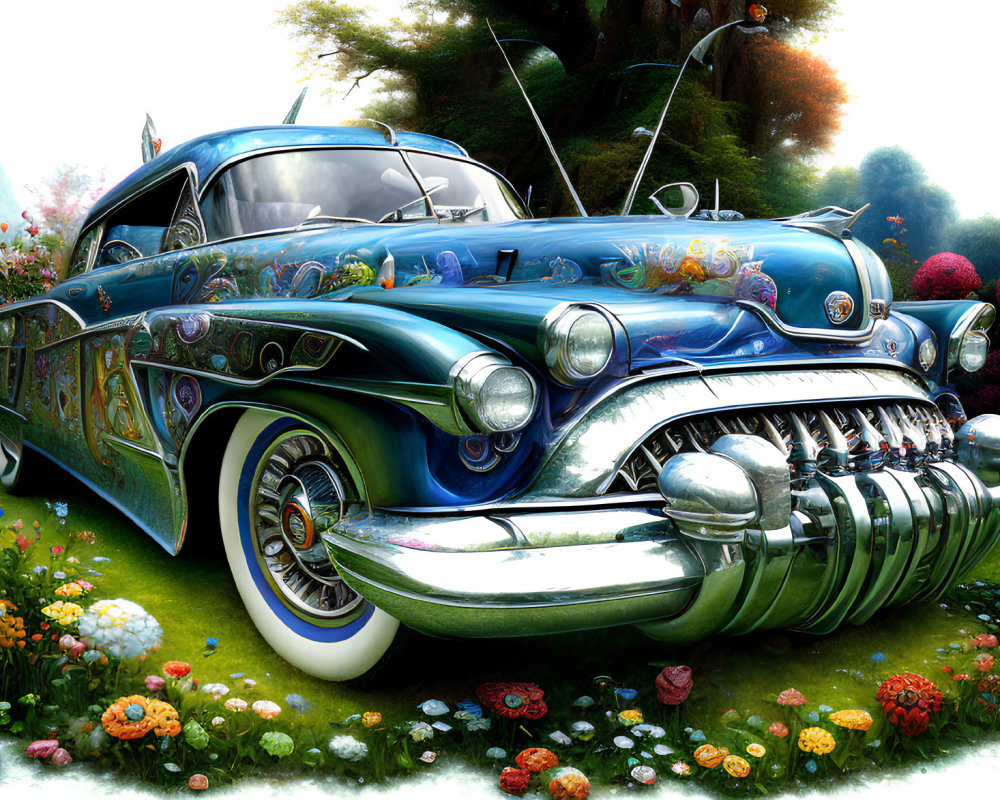 Colorful classic car illustration with exaggerated features and lush floral backdrop