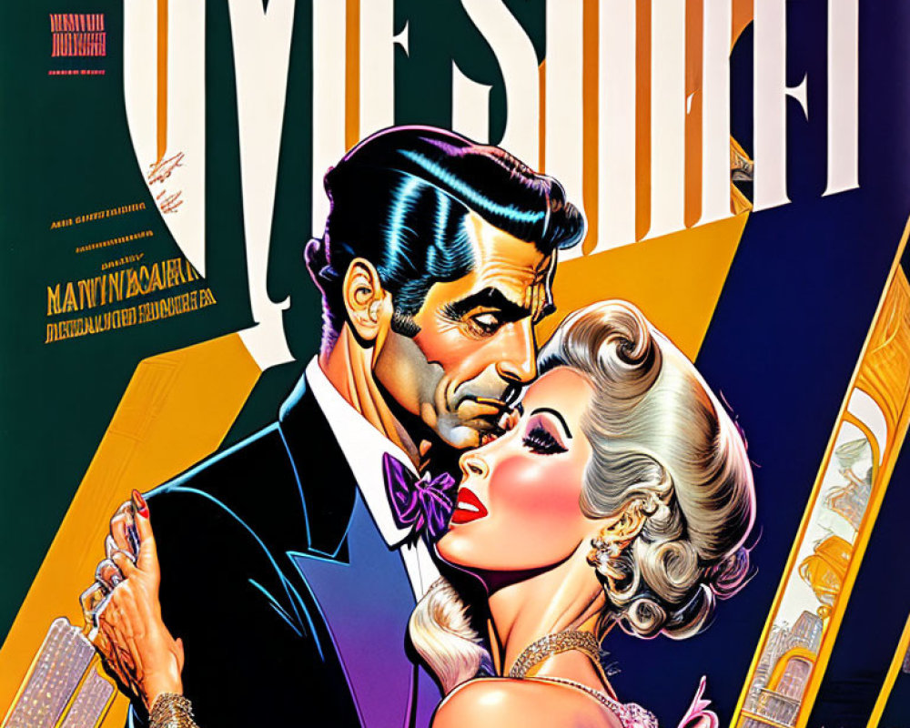 Art Deco themed movie poster with suave man and glamorous woman in embrace