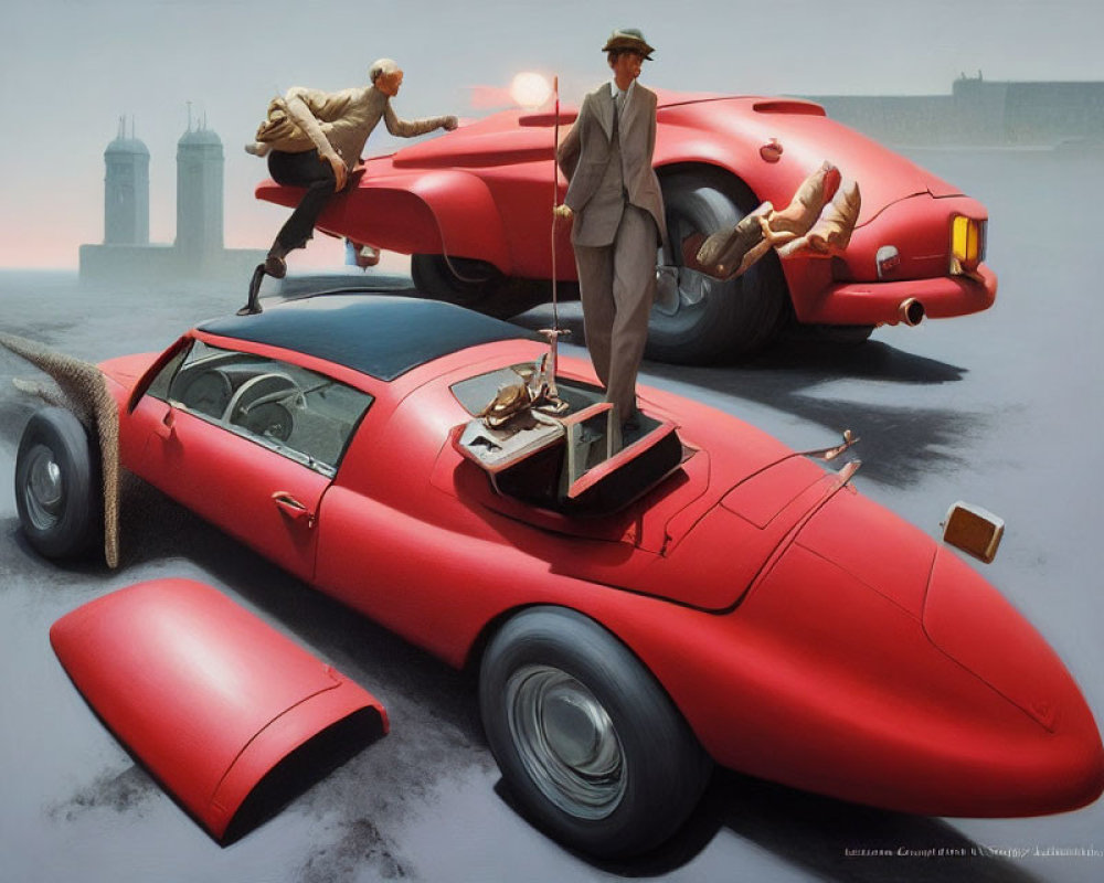 Surrealist painting: Oversized men in suits by vintage cars