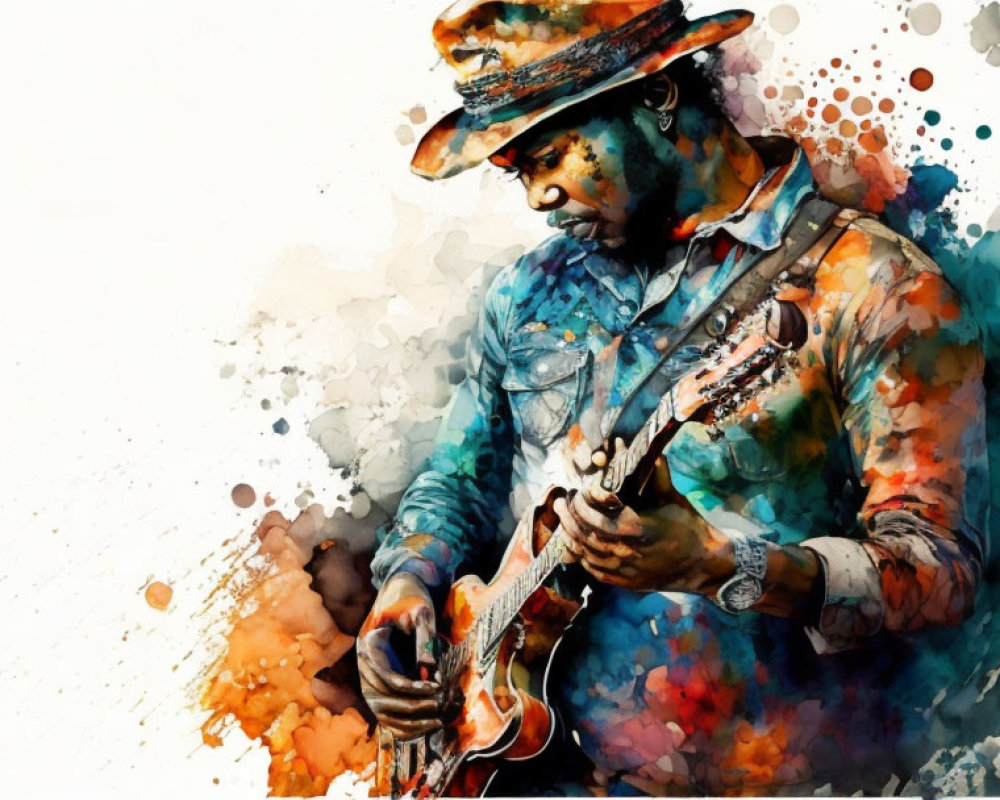 Vibrant Watercolor Illustration of Guitarist in Hat