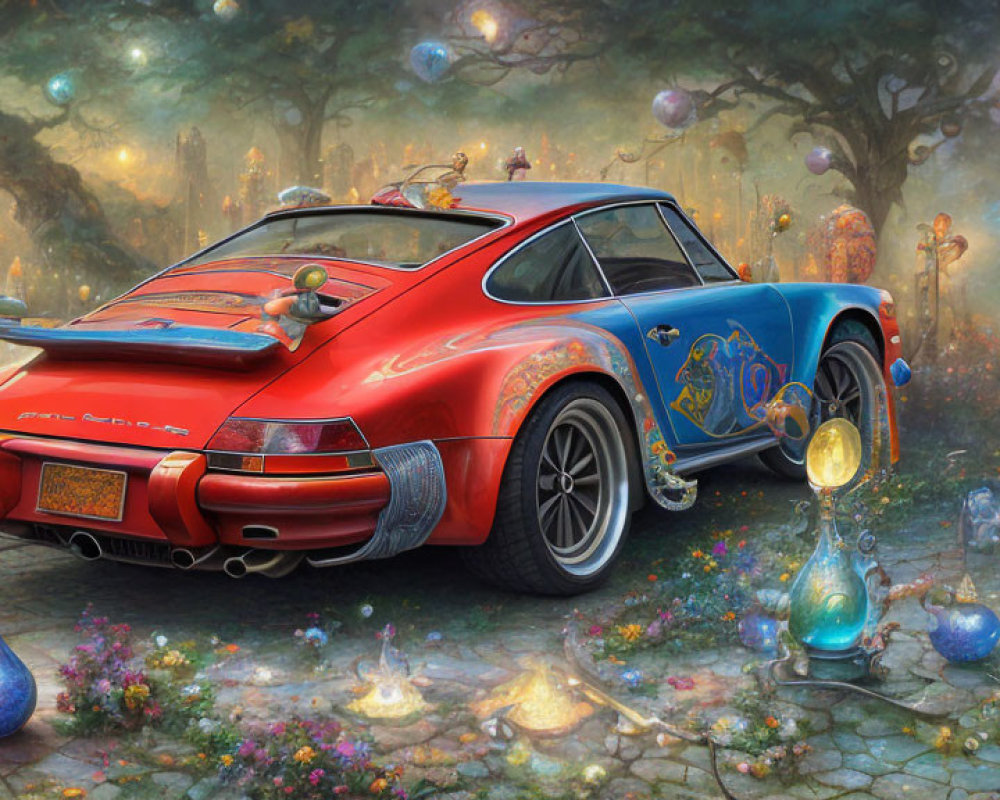 Red Porsche 911 with blue designs in mystical forest with lanterns, cat, and potion bottles