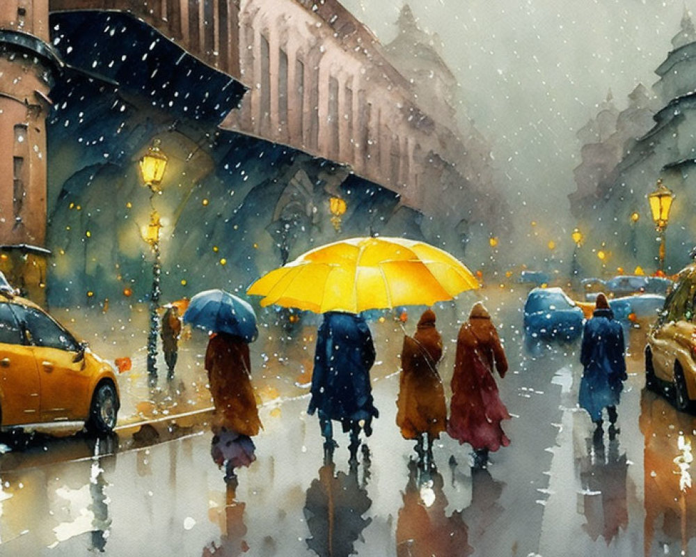 Colorful Watercolor Painting: People with Umbrellas on Rainy City Street