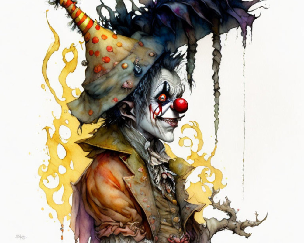 Whimsical clown illustration with pointed hat and ruffled collar