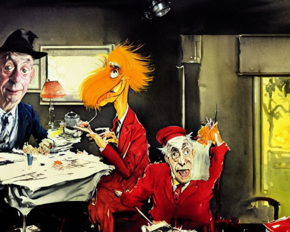 Colorful Caricatured Figures in Chaotic Dining Scene