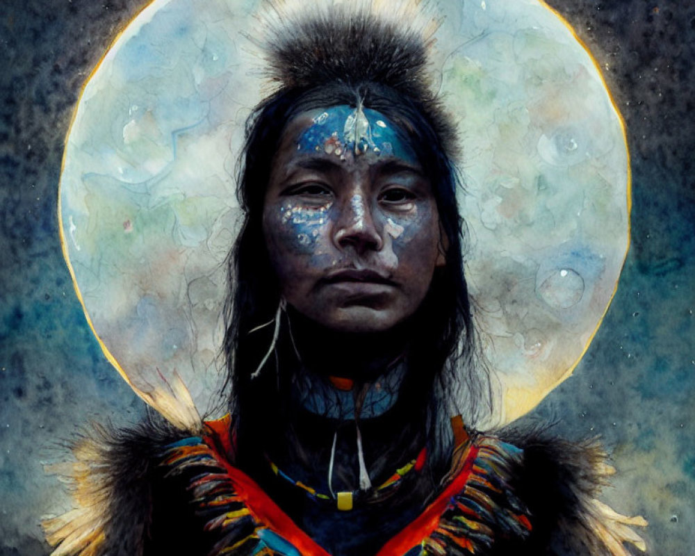 Portrait of person in indigenous attire with face paint under lunar halo