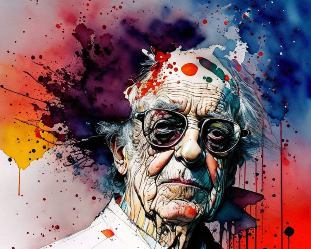 Vibrant Watercolor Portrait of Elderly Man with Glasses